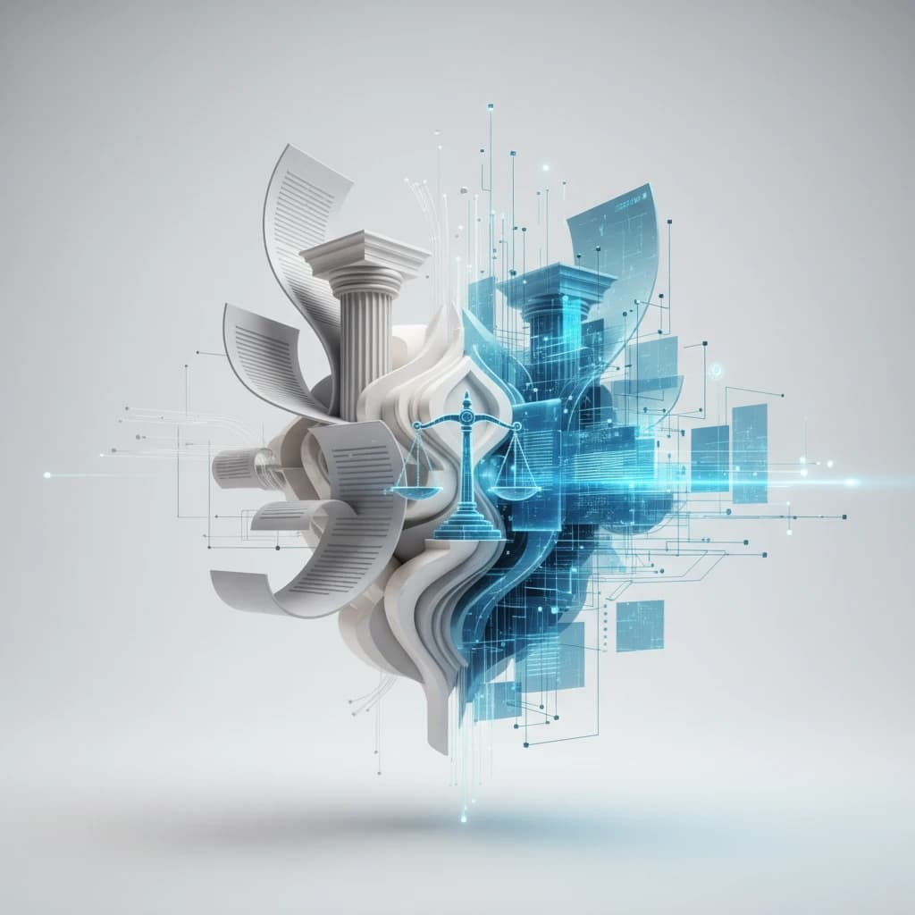 Silver legal documents and columns meeting luminous blue digital structures